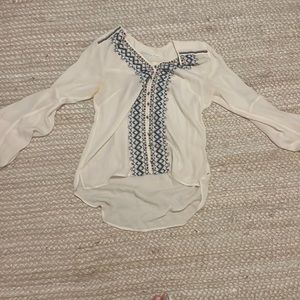 Veronica Beard Bohemian Surplice Embroidered Sleeve Silk Blouse in White